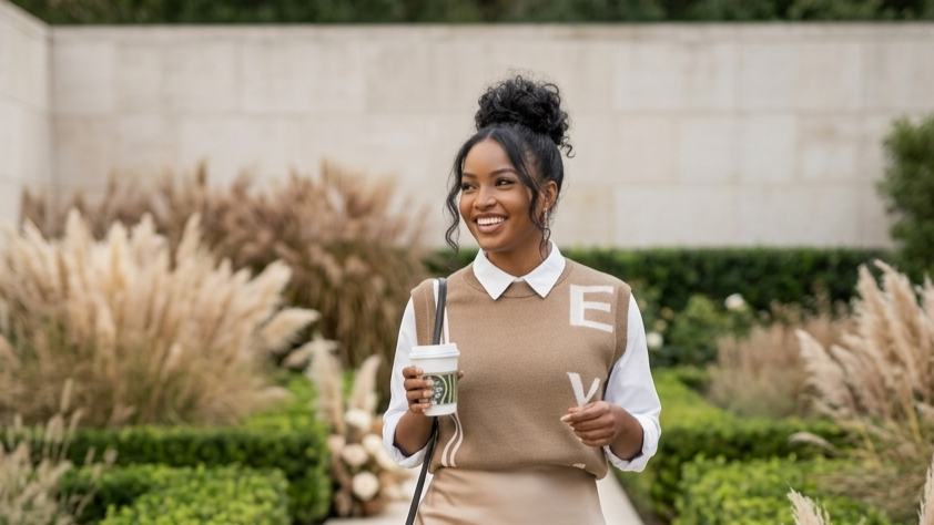 Woman in a beige sweater vest and skirt walking outdoors with floral arrangements on either side.